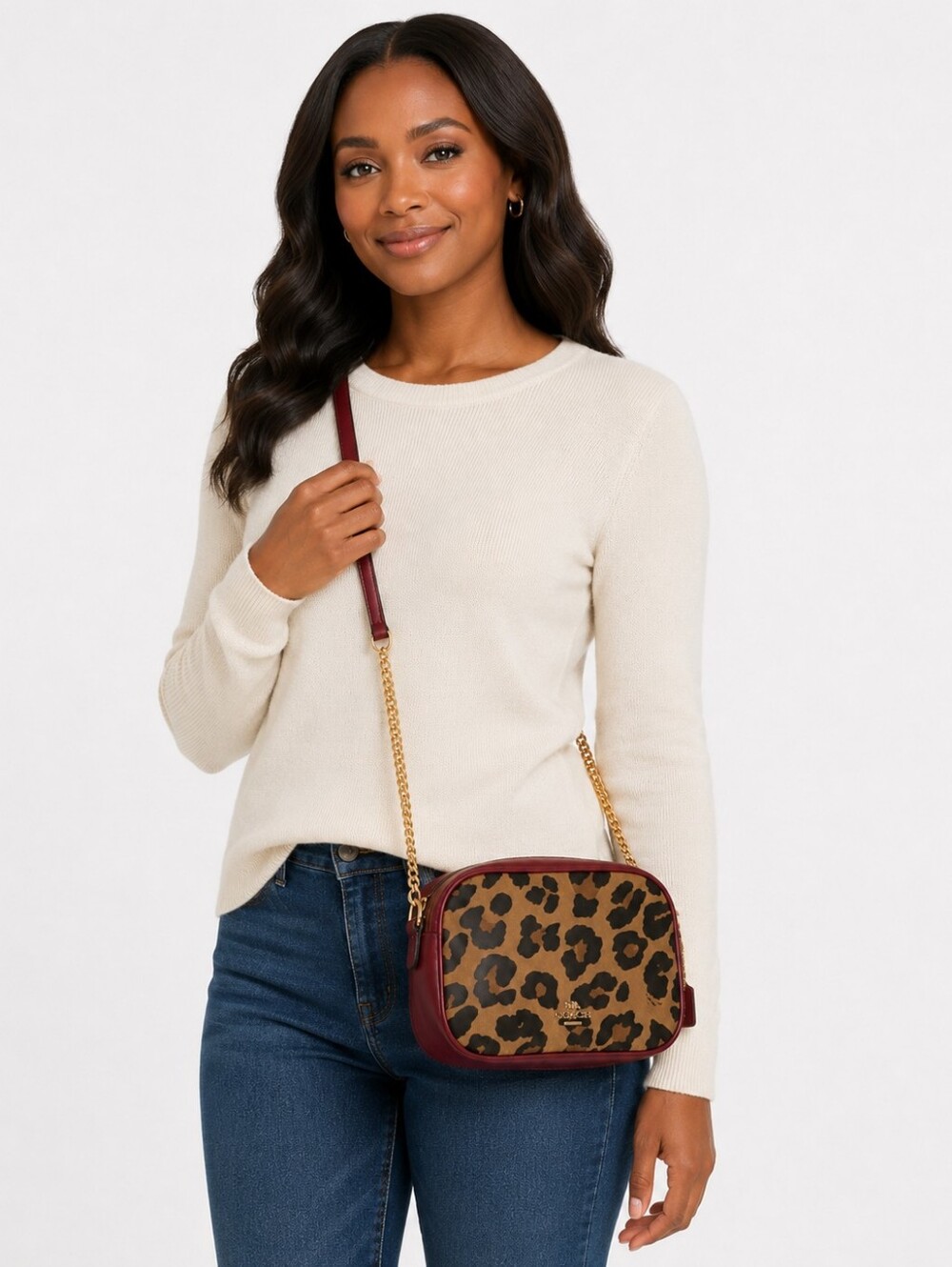 🔅♦Coach Vintage Leopard Print Wine Red Trimmed Cross Body Handbag- F39587